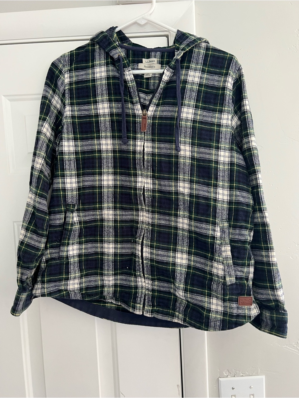 L.L. Bean Navy, Green & White Plaid Hooded Flannel Jacket